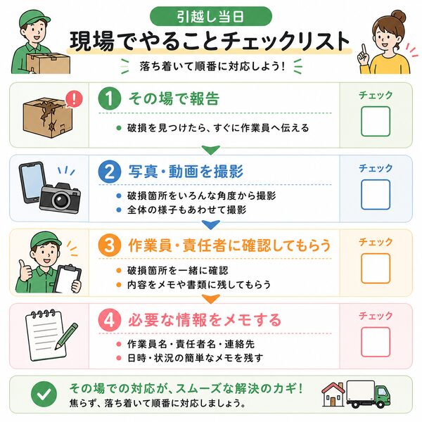 「現場でやることチェックリスト(報告・写真撮影・責任者確認)」図解