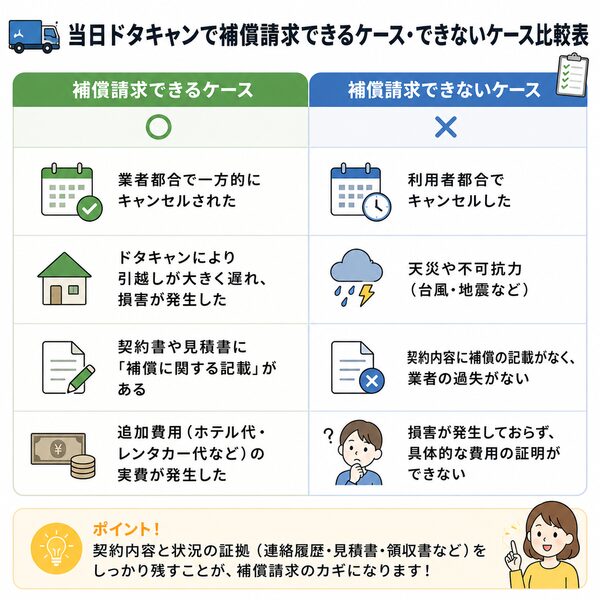当日ドタキャンで補償請求できるケース・できないケース比較表