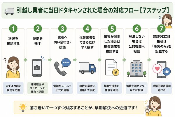 引越し業者に当日ドタキャンされた場合の対応フロー【7ステップ】