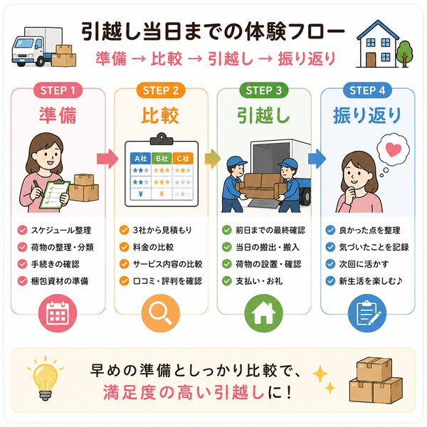 引越し当日までの体験フロー(準備→比較→引越し→振り返り)