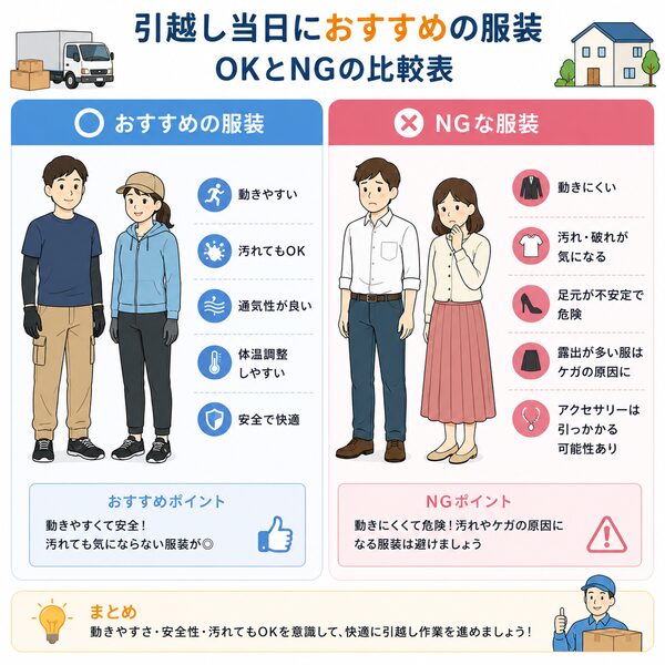 引越し当日におすすめの服装・NGな服装比較表