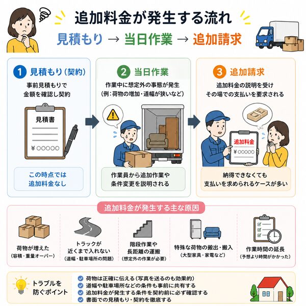 追加料金が発生する流れ（見積もり→当日作業→追加請求）