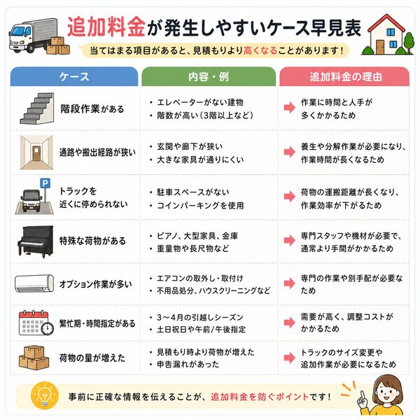 追加料金が発生しやすいケース早見表