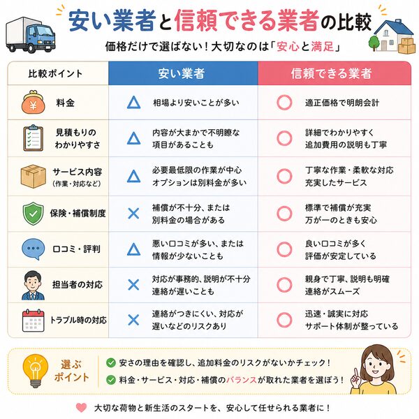安い業者と信頼できる業者の比較表