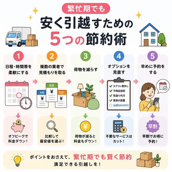 繁忙期でも安く引越すための5つの節約術フロー