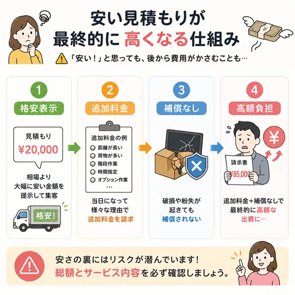 安い見積もりが最終的に高くなる仕組み(格安表示→追加料金→補償なし→高額負担)