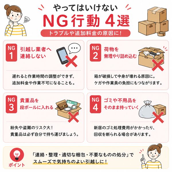 やってはいけないNG行動4選(連絡なし・無理な梱包・貴重品・不用品)