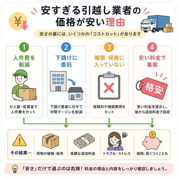 安すぎる引越し業者の価格が安い理由(人件費・下請け・補償・追加料金)の関係図