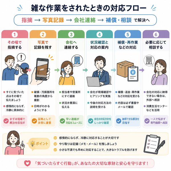 雑な作業をされたときの対応フロー（指摘→写真記録→会社連絡→補償・相談）