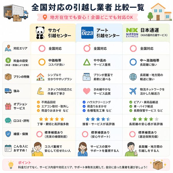 全国対応引越し業者比較一覧(サカイ・アート・日本通運)