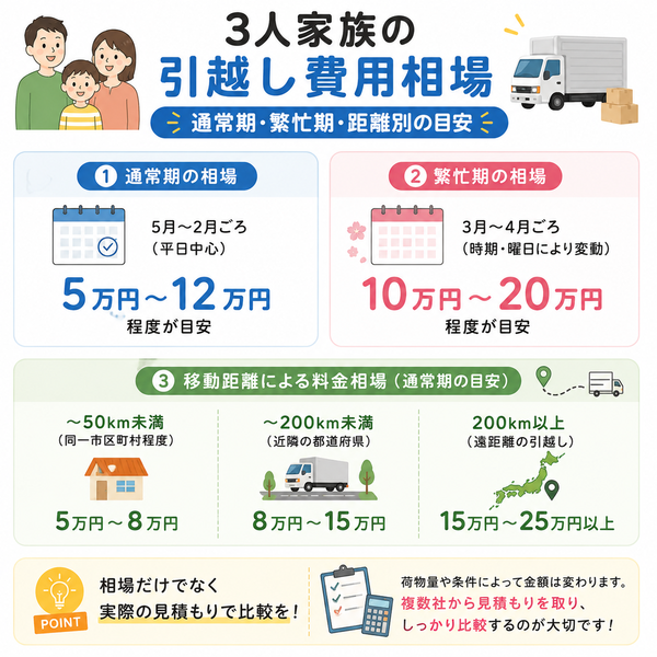 3人家族の引越し費用相場|通常期・繁忙期・距離別の目安