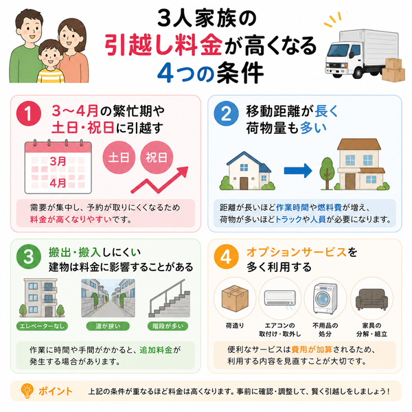 3人家族の引越し料金が高くなる4つの条件
